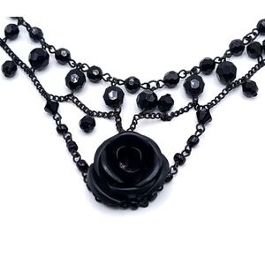 Black Beaded Choker Necklace – Gothic Victorian Rose Pendant Adjustable 13"